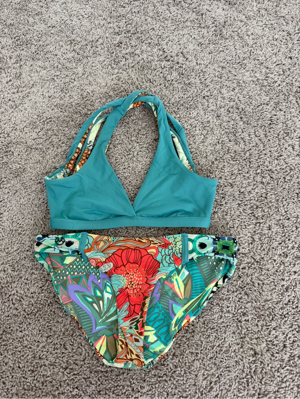 Maaji Teal Halter Bikini Top with Multicolor Floral Print Bottom